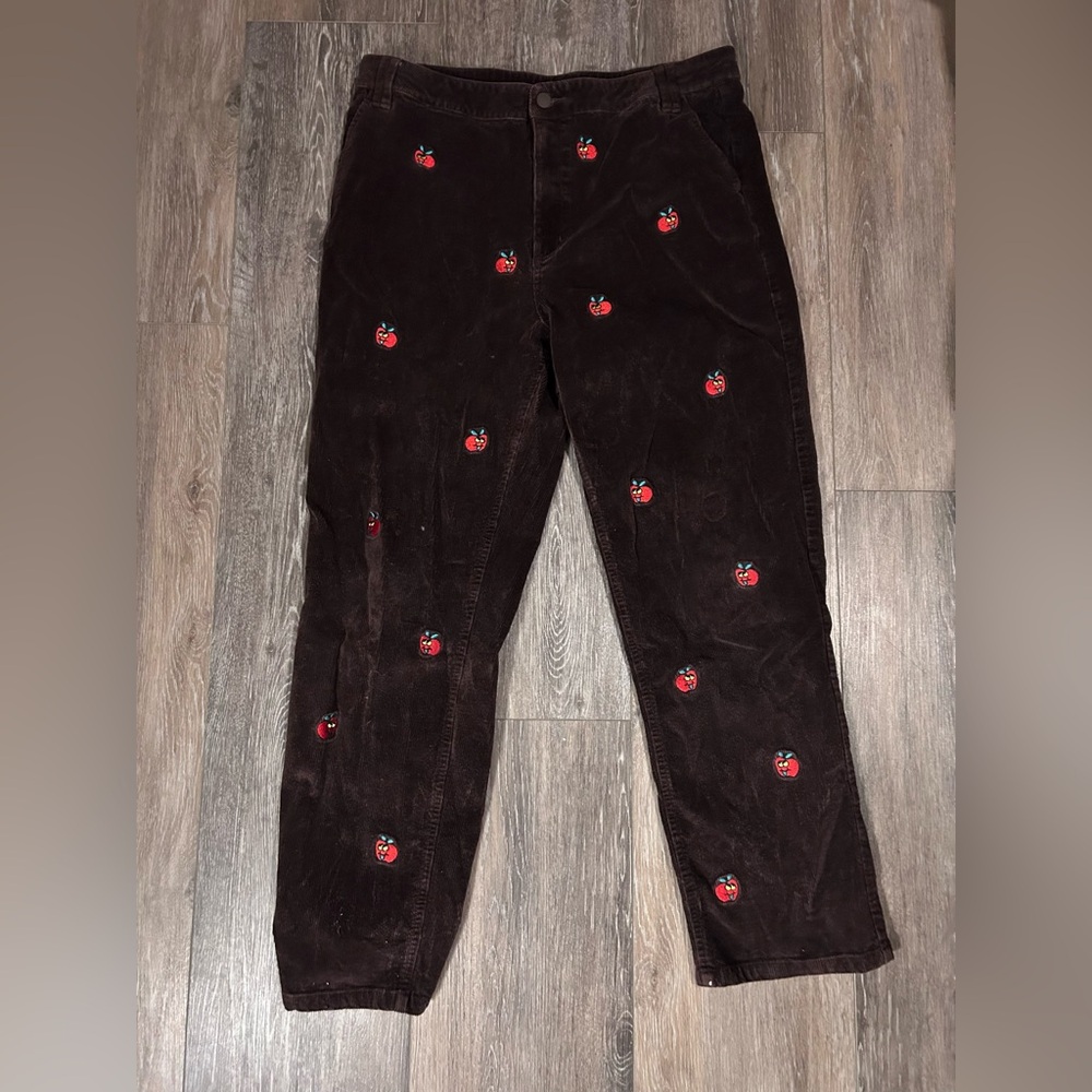 Lazy Oaf Dolls Kill Brown Corduroy Pants with Red Apple Embroidery